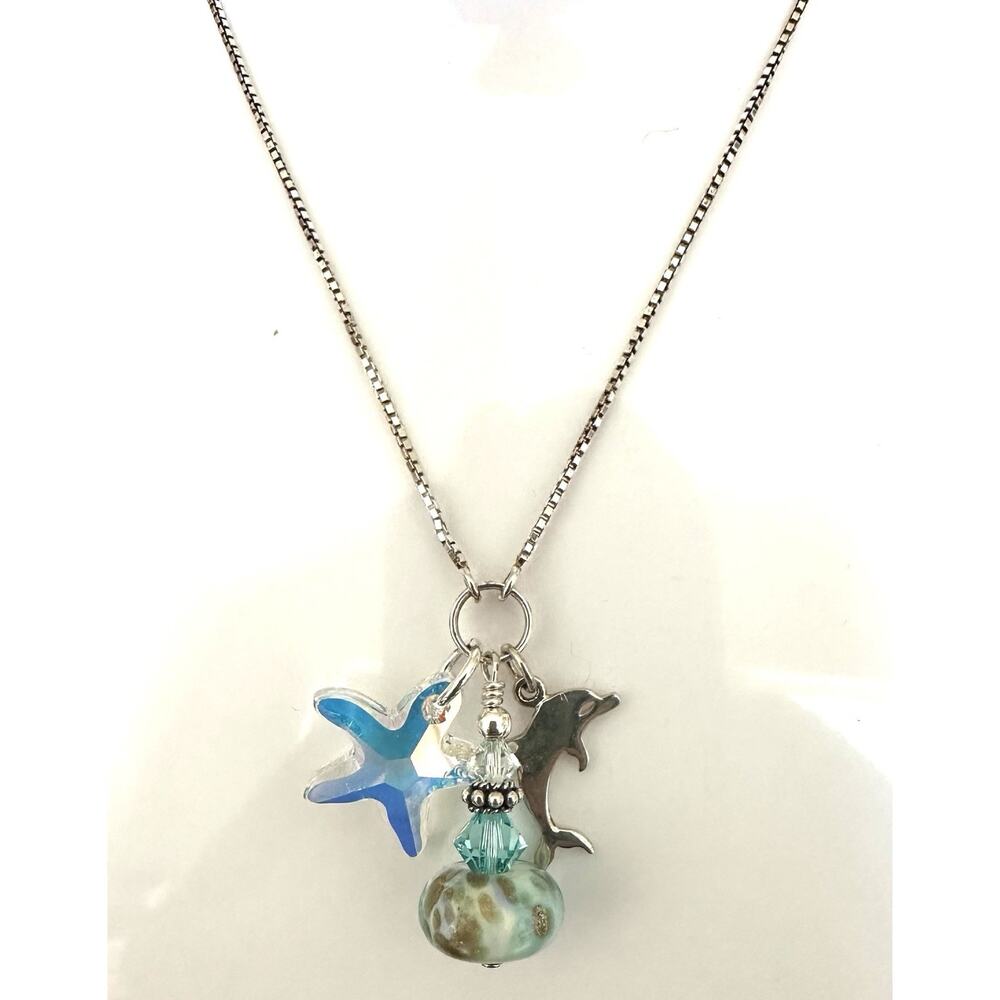 Sterling Silver Adjustable 3 Charm Necklace Aurora Star Dolphin Sea Green Bead